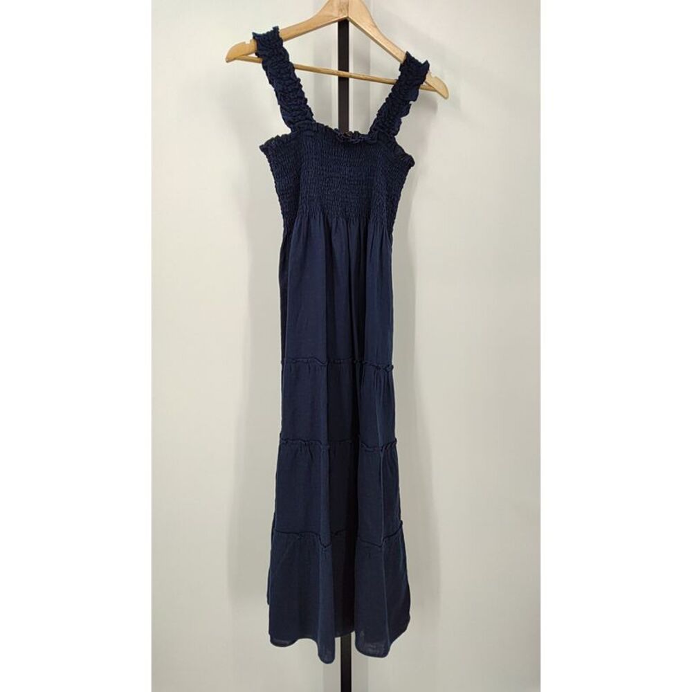 Quince 100% European Linen Smocked Midi Dress Deep Navy Basic Sleeved M - Picture 2 of 3